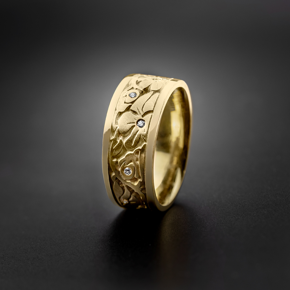 Wide Cherry Blossom Wedding Ring with Gems in